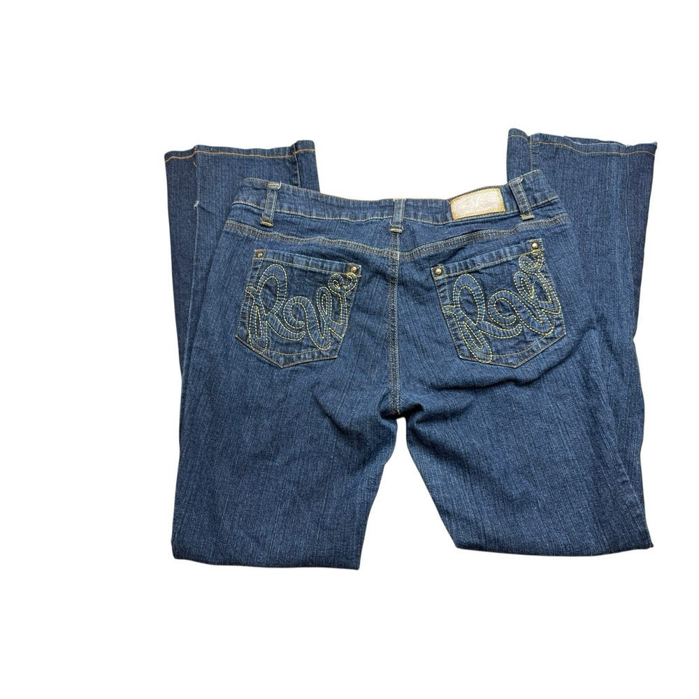 Roca Wear Women Size 11 Stretch Blue Denim Jeans RW Pocket Logo Bling Gold Flare